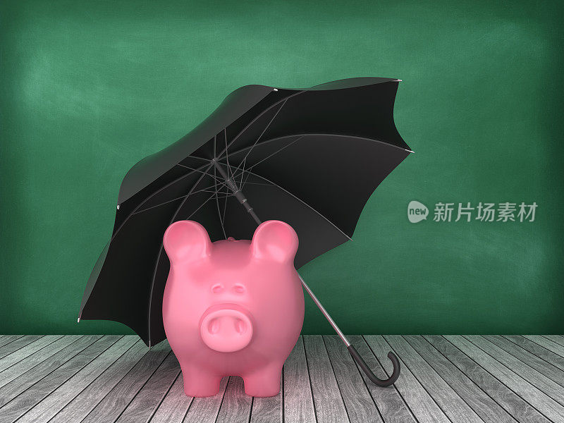 小猪银行与伞在黑板上的背景- 3D渲染